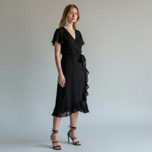 Shelby & Palmer NWT Black Pleated Wrap Dress Size 6 Chiffon Ruffle Hem